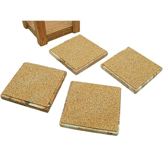 Set Of 4 Ornate Sandstone Tile Cork Back Coasters Wildlife Wooden Stand Pottery - Picture 7 of 8